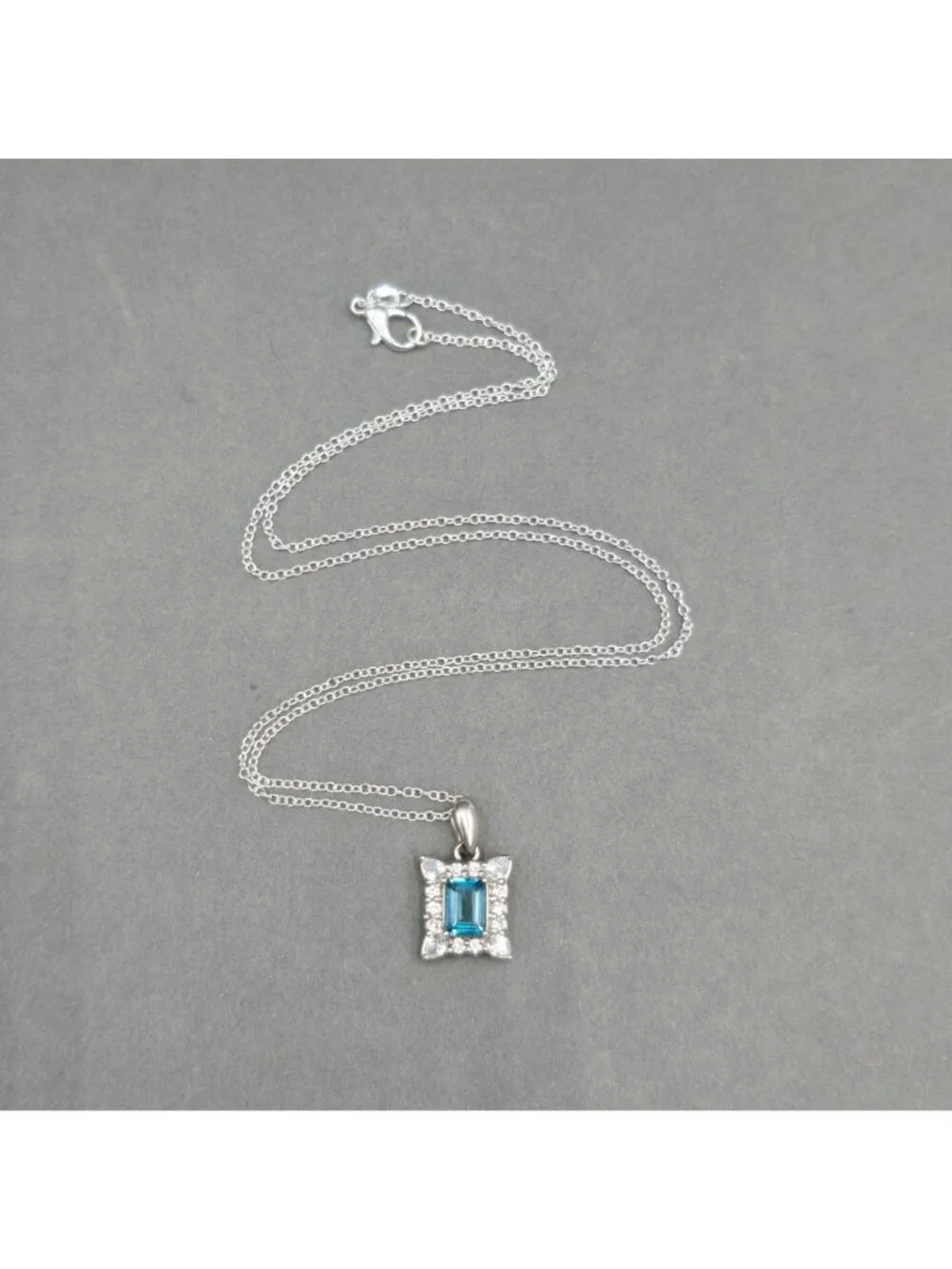 Edwardian Revival Sterling Silver Blue Topaz Pendant Necklace Emerald Cut 925 - Picture 10 of 15
